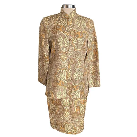 Jeremy Spencer Vintage 100% Silk Tan Gold Paisley 2-Piece Blazer/Skirt Set Sz 10 - Picture 1 of 11